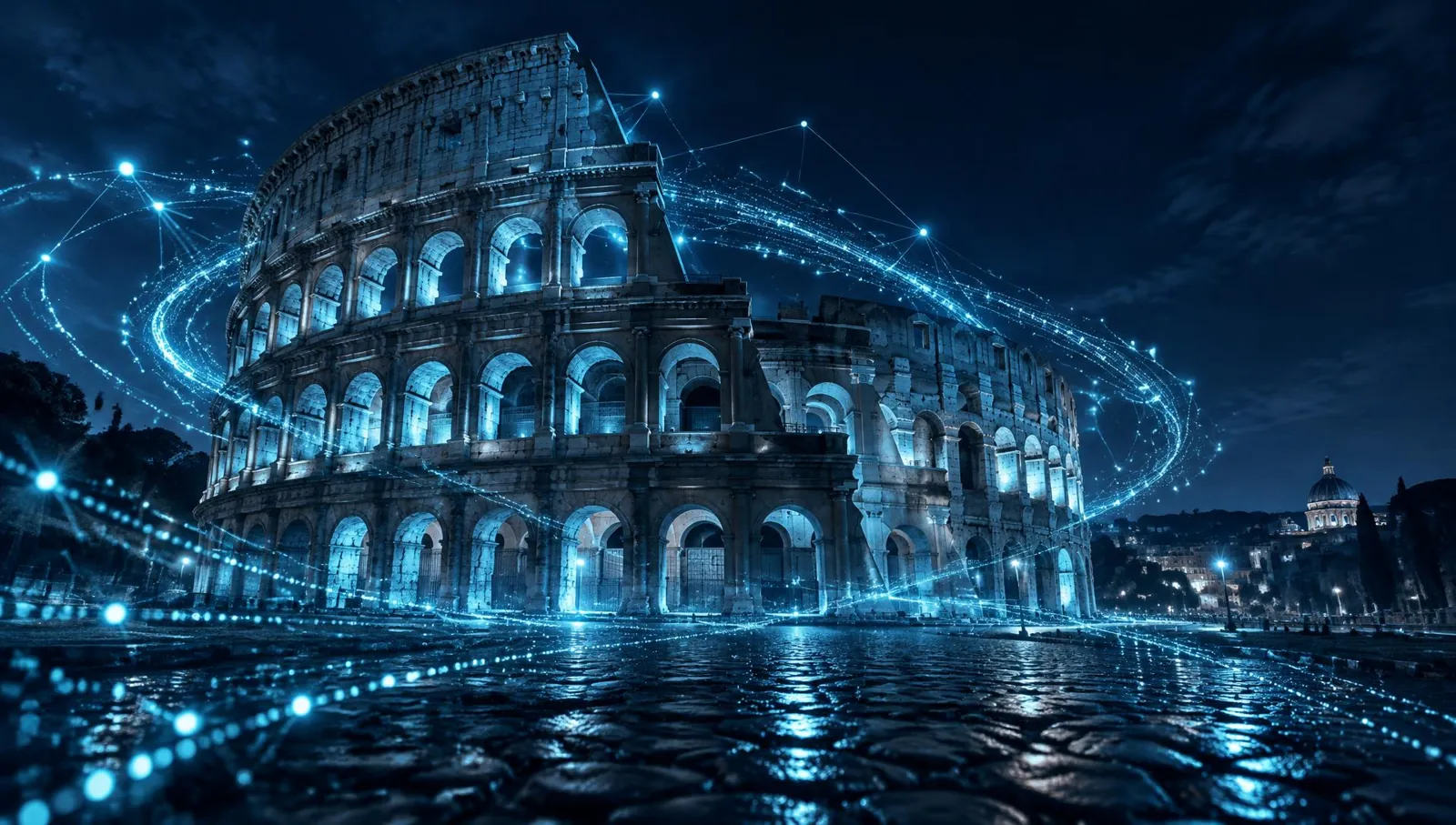 Colosseum in Rome wrapped in glowing data streams